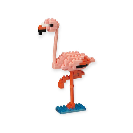 The Nanoblock Flamingo, a model from Nanoblock's Birds Collection, is crafted from interlocking bricks and showcases bold pink and orange colors. It elegantly stands on a blue base, providing a serene building experience.