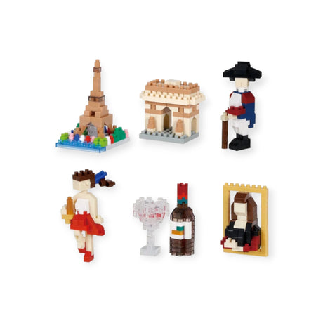 Discover Nanoblock's Grand Parisian Complete Set, featuring miniature models of French landmarks like the Eiffel Tower and Arc de Triomphe, plus charming figures such as a soldier, woman, trophy, wine bottle, and framed painting. Ideal for creative building adventures.