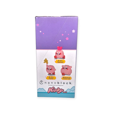 Box featuring the Nanoblock Kirby Blind Bag - Vol. 2 from Nanoblock, showcasing three adorable Kirby designs against a purple background adorned with stars.