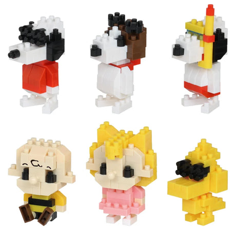 Set of mini brick Peanuts character figures in multiple poses and colors
