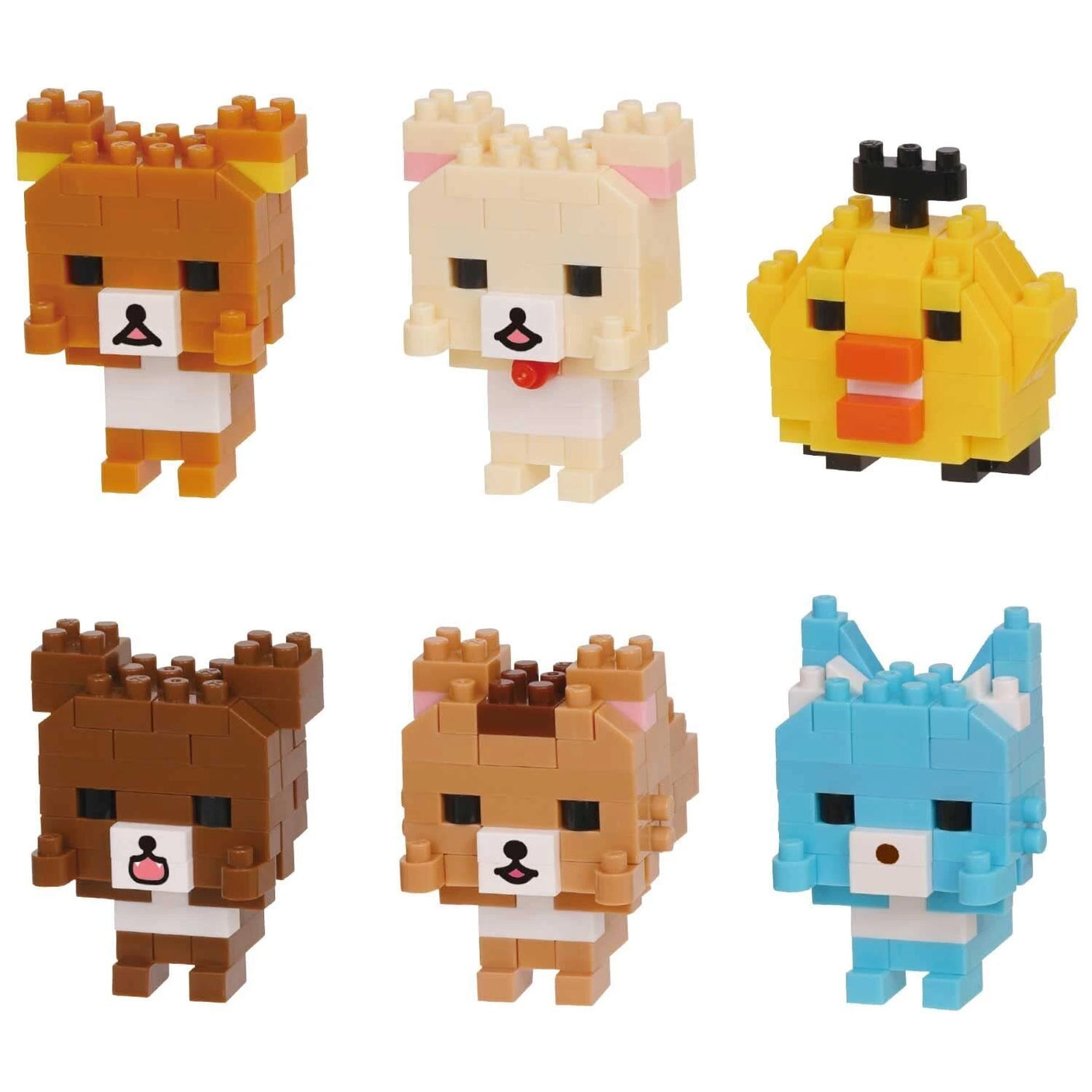 The Nanoblock Rilakkuma Blind Bag - Vol. 3 features six pixelated block animals, each standing upright in a variety of colors and designs with unique characteristics like ears and facial expressions. These delightful figures are perfect for collectors aiming to acquire all six captivating characters.