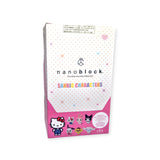 A Nanoblock Sanrio Blind Bag from the Nanoblock brand showcases a pink and white design featuring Hello Kitty and other charming Sanrio characters on the front.