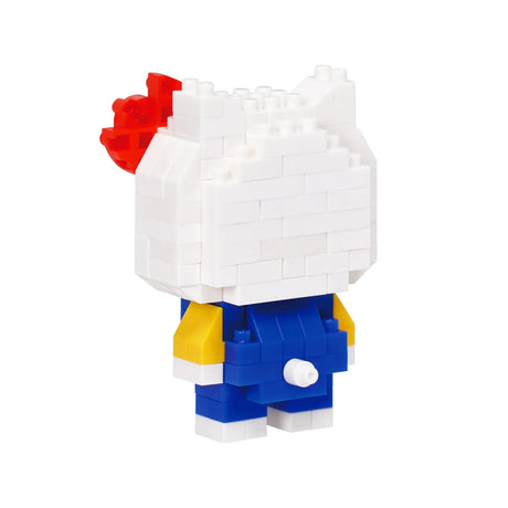 The Nanoblock Sanrio - Hello Kitty toy figure by Nanoblock showcases a white head, red bow, and blue outfit when seen from behind.