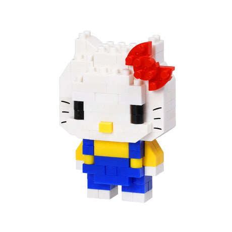 A Nanoblock Sanrio - Hello Kitty block figure from Nanoblock, featuring a white cat adorned with a red bow, dressed in a yellow shirt and blue overalls, constructed from interlocking nanoblock pieces.