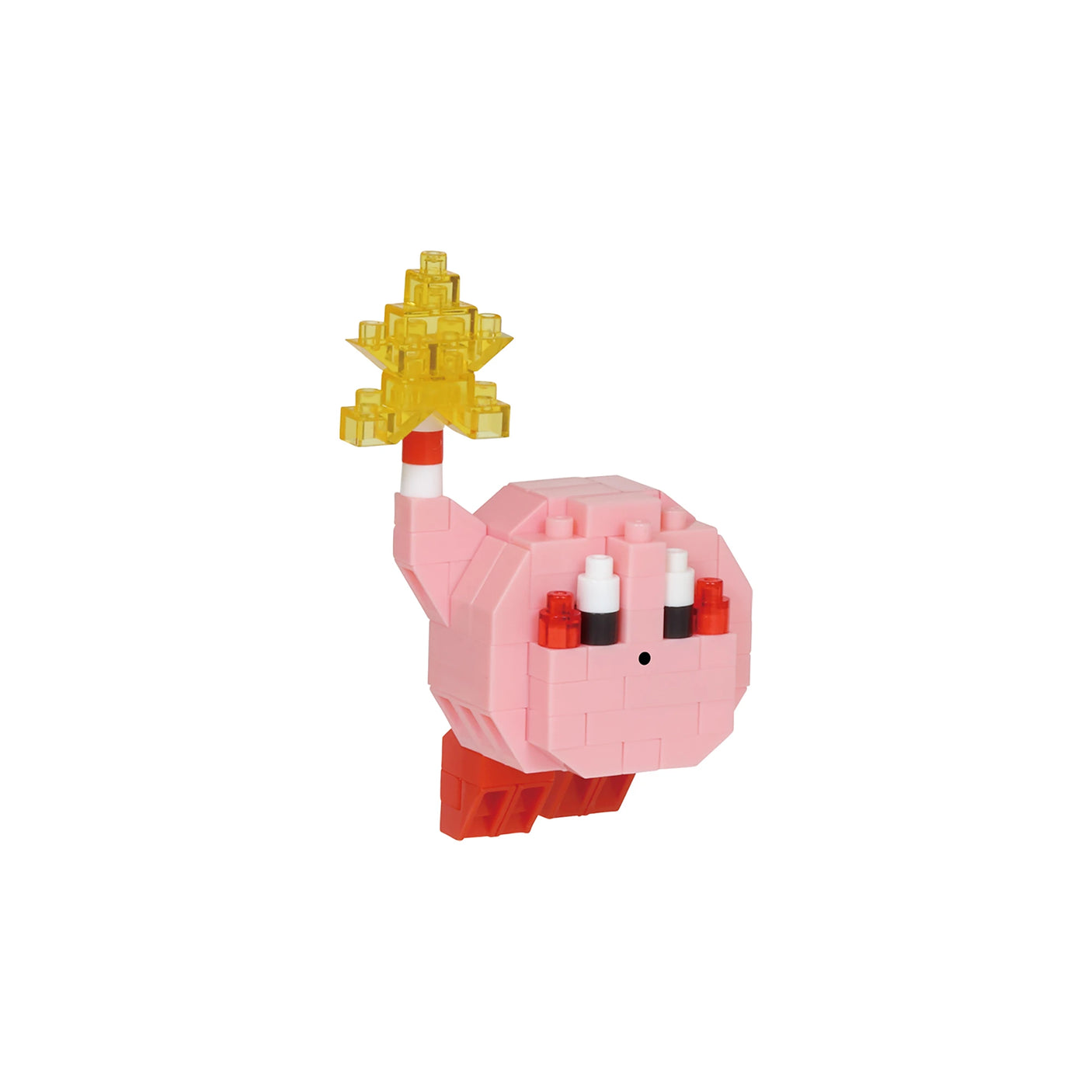 The petite, pink block figure bearing a yellow star wand is reminiscent of a cartoon character from the Nanoblock Kirby Blind Bag - Vol. 2 series and is showcased against a simple white backdrop.