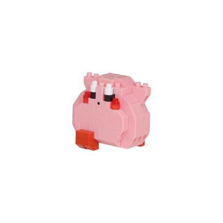 This pink toy figure, a part of the Nanoblock Kirby Blind Bag - Vol. 2 from Nanoblock, consists of interlocking bricks that create a stylized animal. It features two white and black eyes on top and vibrant orange feet, inspired by the popular Kirby Vol. 2 designs.