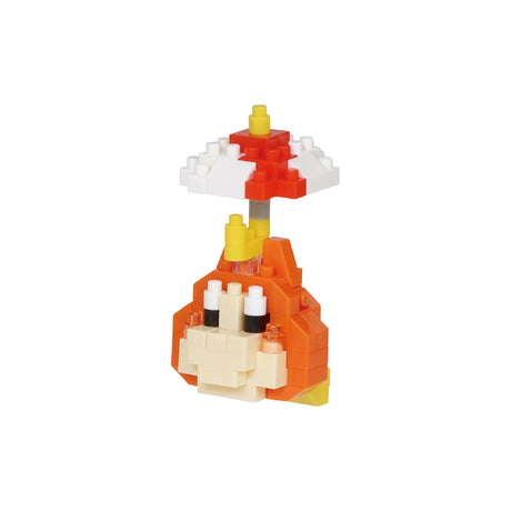 A compact, vibrant figure from the Nanoblock Kirby Blind Bag - Vol. 2 collection, resembling a creature with an umbrella above it, crafted from orange, red, white, and yellow blocks.