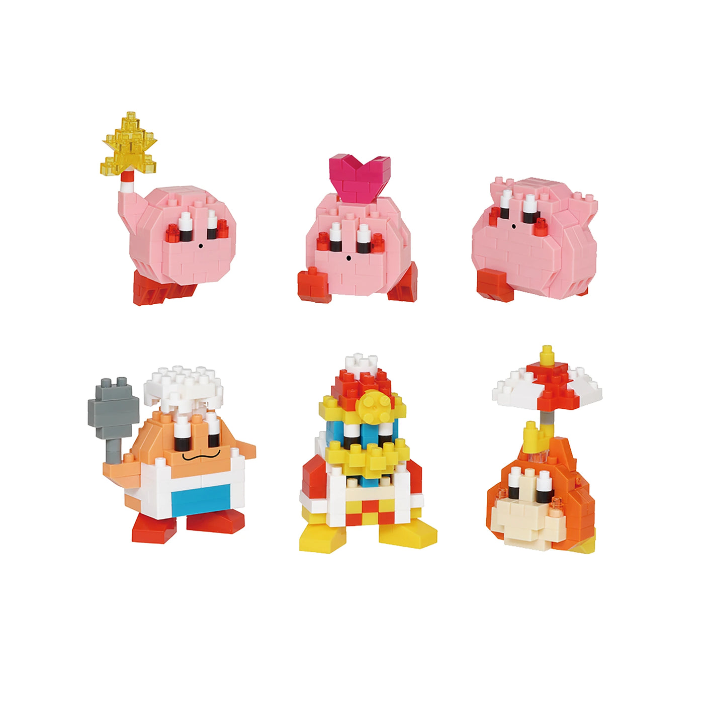 Set of six colorful pixel-style toy figures from the Nanoblock Kirby Blind Bag - Vol. 2 series, showcasing characters in various shapes, including ones with a star and an umbrella, arranged in two rows.