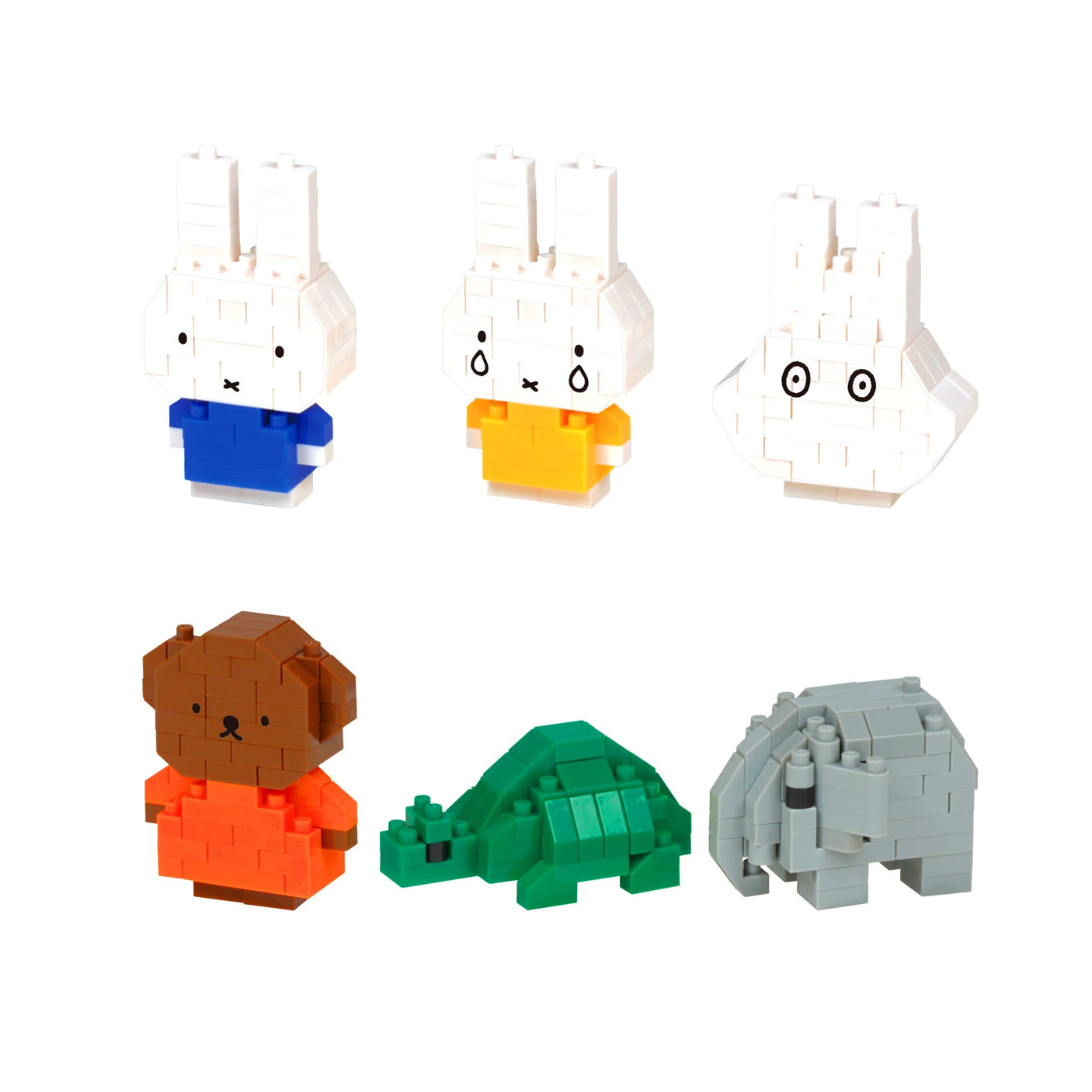 The Nanoblock Miffy Blind Bag - Vol. 1 features toy figures made from micro-sized building blocks, showcasing three rabbits, a bear, a green alligator, and a gray elephant.