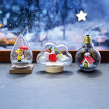 Three Snoopy figurines from the Re-Ment Snoopy Blind Box - Weather Terrarium collection are elegantly displayed in glass domes, each featuring a distinct theme: a raindrop with an umbrella, a cloud with a rainbow, and a bulb with a doghouse. These delightful scenes are set against the backdrop of a snowy window.