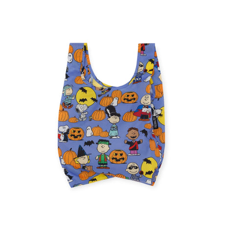 Reusable baby tote bag with Peanuts Halloween characters print on blue fabric