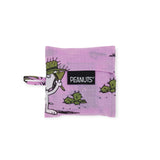 The Baby Baggu Peanuts - Snoopy Pink Spike from Baggu showcases fun cartoon characters and green cactus illustrations. Crafted from recycled nylon, it features a purple background accented with playful hints of Pink Spike Snoopy.