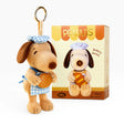 Brown plush dog keychain in blue checkered shirt, with Peanuts box