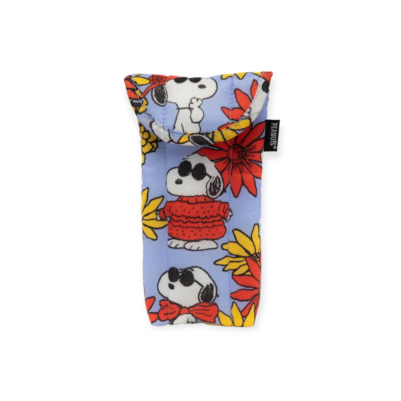 Introducing the Peanuts x Baggu Glasses Sleeve - Floral Snoopy from Baggu. This eco-friendly blue eyeglass case showcases a charming cartoon dog wearing sunglasses and a red sweater, surrounded by lively red and yellow flowers. Add a whimsical touch to your eyewear storage with this delightful floral design featuring Snoopy.