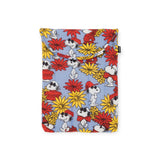 The Peanuts x Baggu Laptop Sleeve - Snoopy Floral 13"/14" showcases Snoopy adorned in a red scarf and hat, set amidst bright red and yellow flowers. This Baggu product is crafted from 100% recycled materials, merging eco-consciousness with an endearing Snoopy floral design.