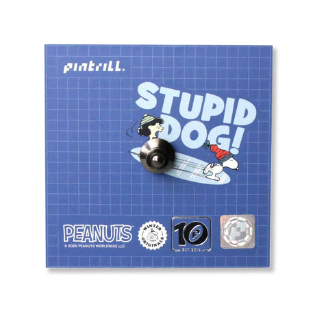Back view of Snoopy & Woodstock Puffer Pin Set packaging with blue grid and "STUPID DOG!" text, gallery image 1