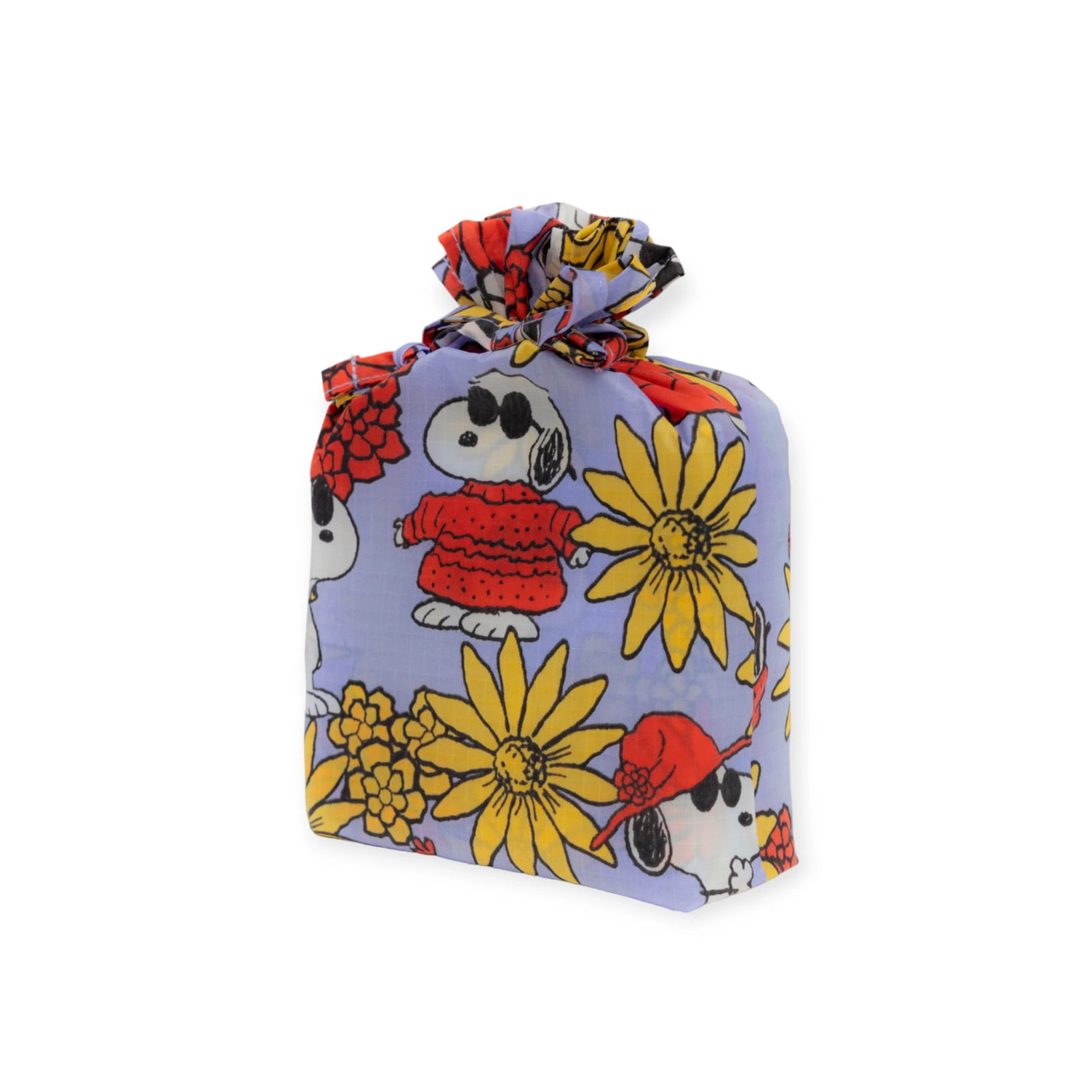 A Baggu product from the Peanuts x Baggu Set of 3 Standard Bags, designed with recycled nylon and featuring cartoon characters in red sunglasses amidst large yellow flowers on a light purple backdrop.