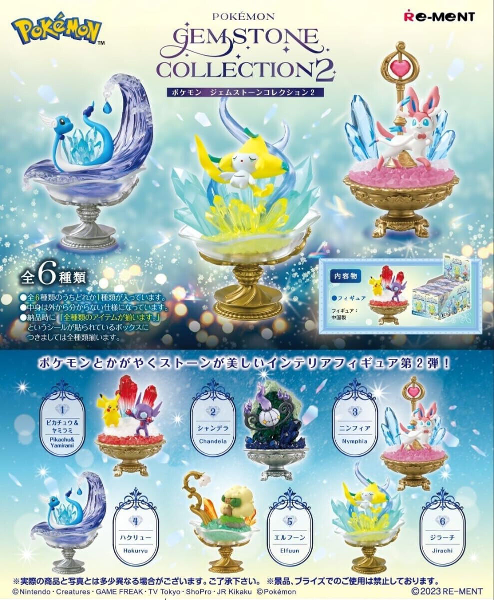 A poster featuring six Pokémon figures from the Re-Ment Pokemon Gemstone Collection 2, including Articuno, Chandelure, Jirachi, Giratina, Pichu, and Glaceon on gemstone-themed stands with sparkling effects and a decorative frame.