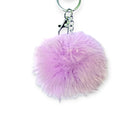 Fluffy lavender pom pom bag charm with silver keyring and lobster claw clip for easy attachment to bags or keys