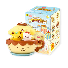 Pompompurin Amusement Park - Blind Box featuring Sanrio characters in a teacup ride PVC figure with colorful packaging.
