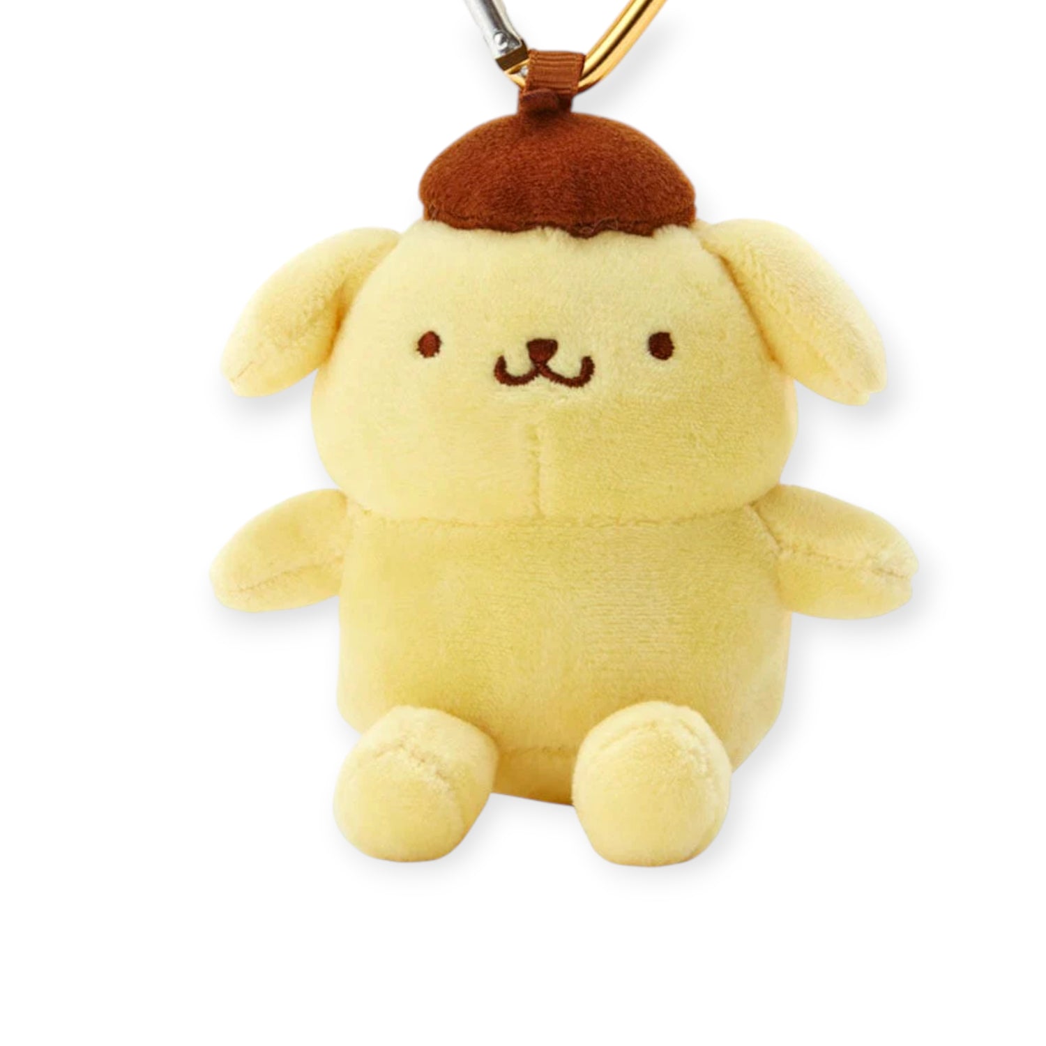 The Hello Kitty Pompompurin Heart Clasp Keychain features a yellow plush with floppy ears, brown hat, stitched face, and heart clasp—an adorable accessory for your bag.