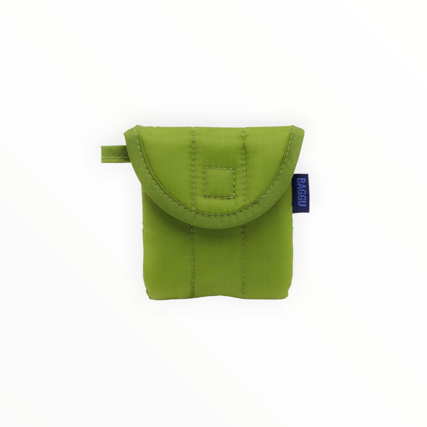 The Baggu Puffy Earbuds Case in Green Juice is a small quilted fabric pouch with a side label and flap closure, made from recycled nylon for style and sustainability.