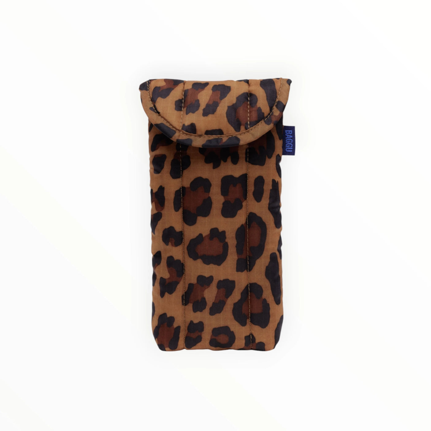 The Baggu Puffy Glasses Sleeve - Leopard is made from recycled ripstop nylon and offers puffy protection with a flap closure and a small blue tag on the side.