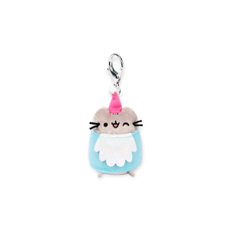 The Pusheen Blind Box - Enchanted Forest by Pusheen features a small gray cat plush keychain in a blue outfit and pink Santa hat, complete with a metal clasp at the top.
