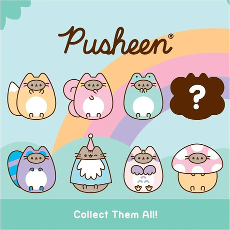 Seven cartoon Pusheen cats in Enchanted Forest costumes, plus a mystery Blind Box spot, appear on a rainbow background. Text reads "Pusheen" and "Collect Them All!"—perfect for any Plush Keychain fan.