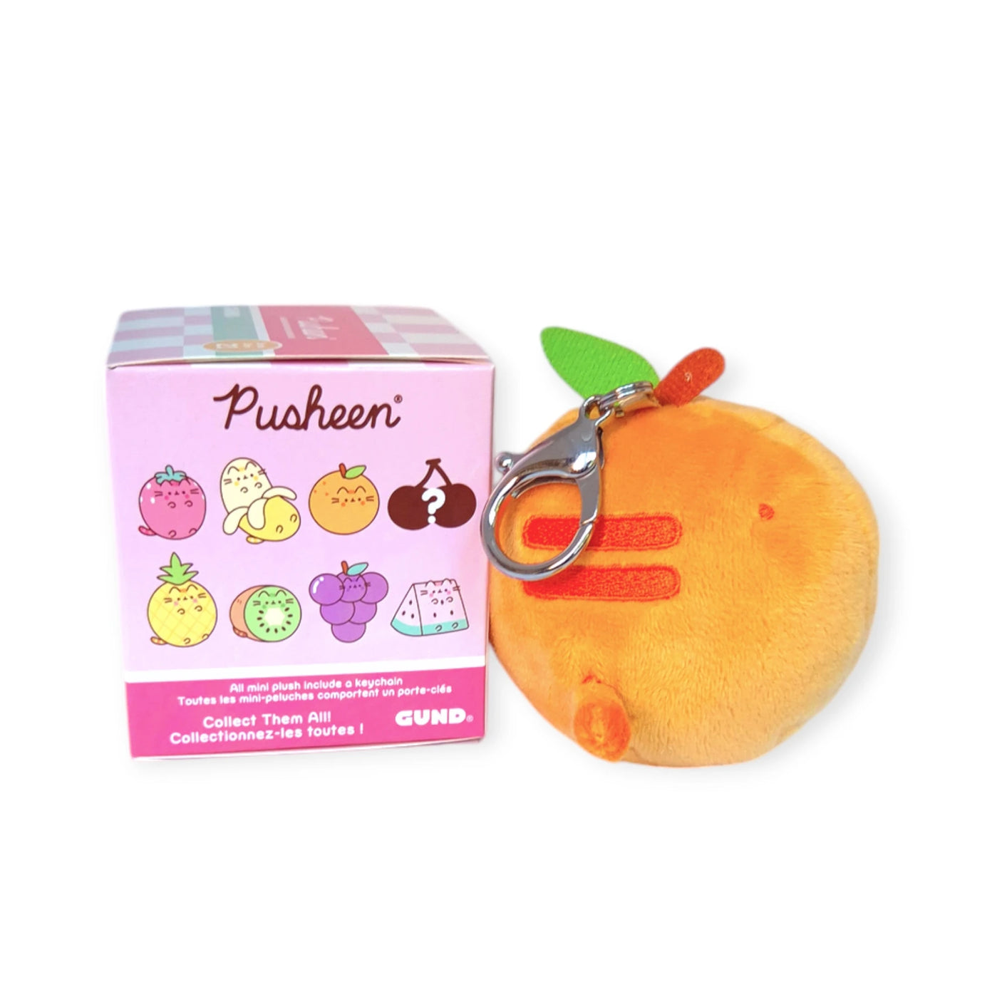 An adorable orange plush keychain, featuring a leaf and a smiling face, is placed beside a Pusheen Blind Box - Fruits Series, highlighting the charming fruit-themed characters from the delightful Pusheen collection.