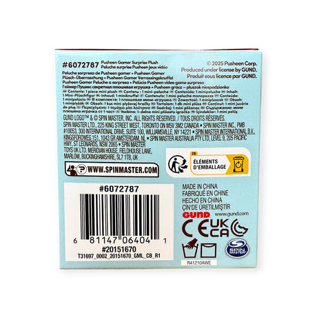 Back of Pusheen Blind Box - Gamer Series plush by Pusheen displays product info, licensing, manufacturing origin, barcodes, and certification logos on a blue background. Includes collectible gamer-themed plush keychains.