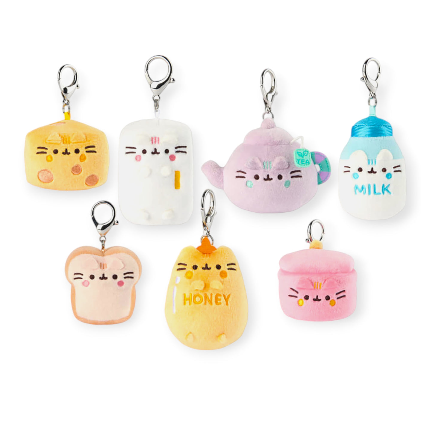 Explore the charming Pusheen Blind Box - Kitchen Surprise Series by Pusheen, showcasing seven adorable cat-shaped plush keychains. Each plushie is inspired by delightful foods such as bread, milk, and teapots. These mini plush toys are perfect additions to your collection!