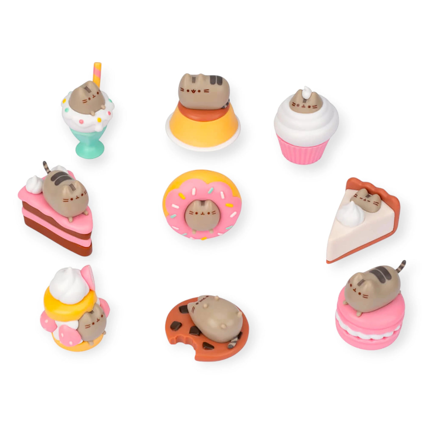 The Pusheen Desserts Series - Blind Box showcases small, cat-themed vinyl figures lounging on miniature desserts like donuts, cakes, and ice cream against a pristine white background.