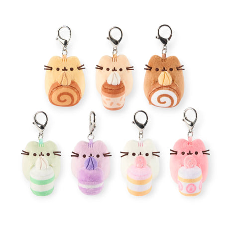 Seven pastel-colored Pusheen Sweets Series Blind Box plush keychains, each a cute cat holding a treat and featuring a metal clasp, are displayed in two rows—perfect for fans of the Pusheen brand.