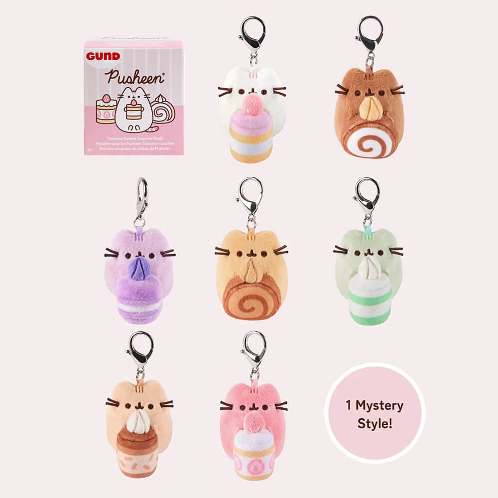 Seven pastel dessert-themed Pusheen plush keychains are shown with the Pusheen Blind Box - Sweets Series by Pusheen, plus a label reading "1 Mystery Style!.