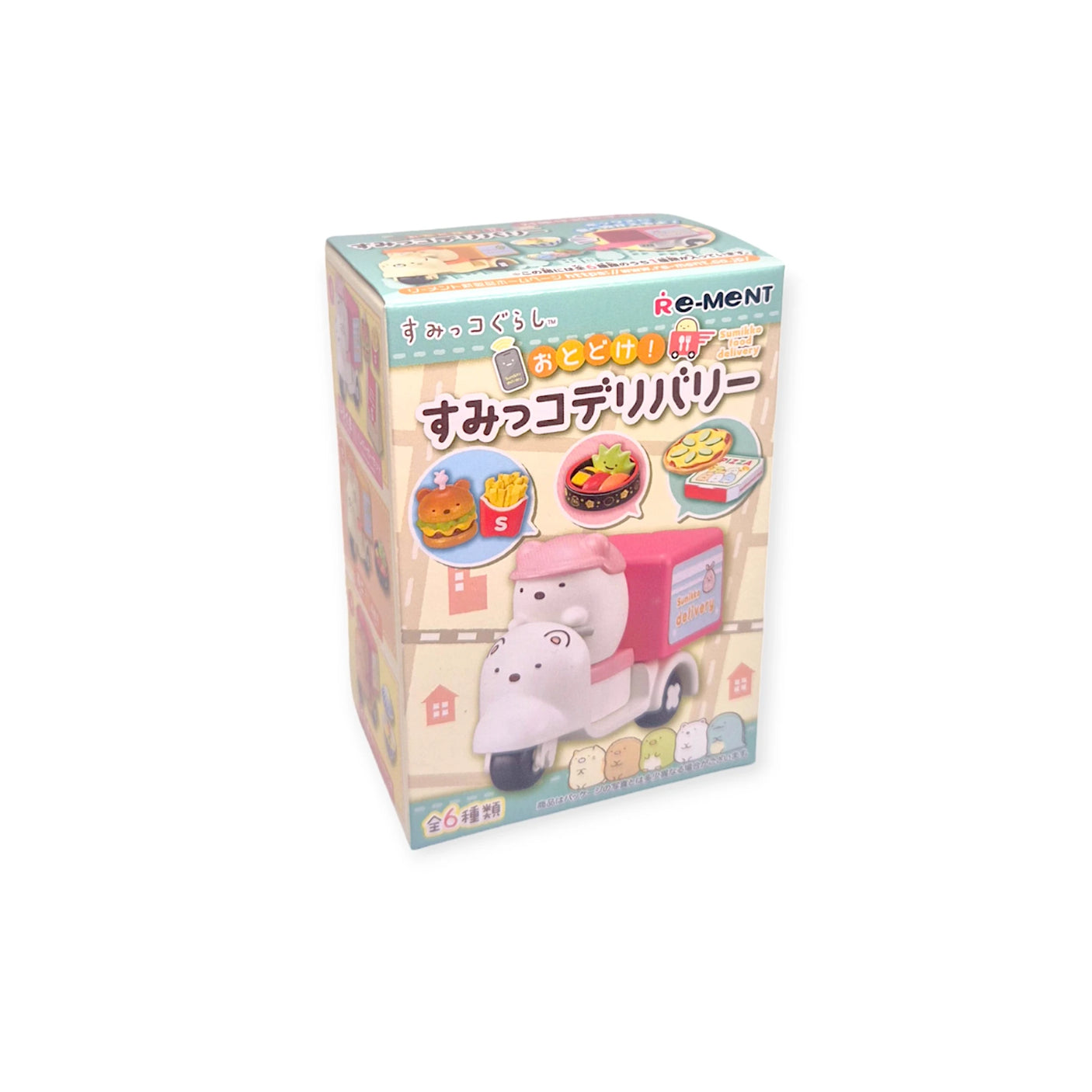 The Re-Ment Sumikko Gurashi Food Delivery Blind Box offers a delightful surprise with its hippo-themed delivery vehicle and an assortment of food items on a light background, capturing the charm of Sumikko Gurashi's world.