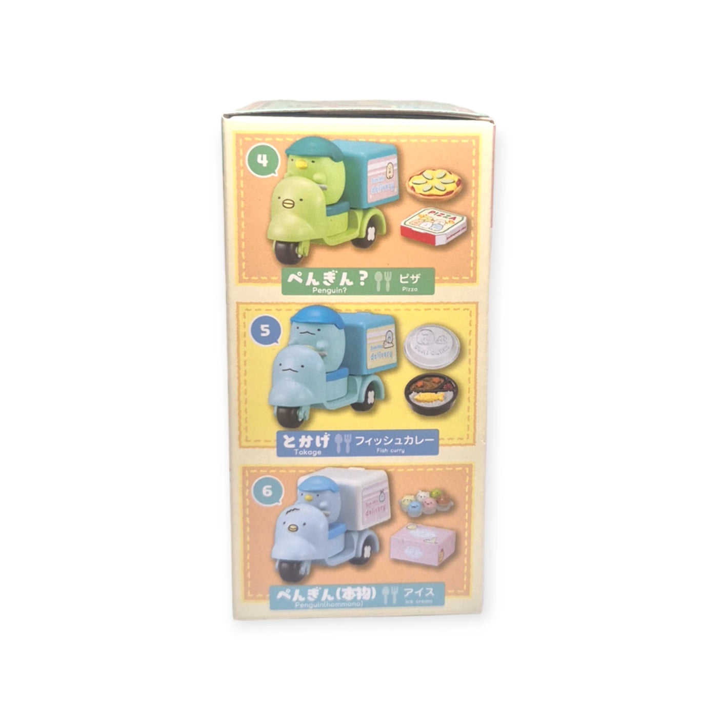 The Re-Ment Sumikko Gurashi Food Delivery Blind Box offers toy delivery trucks embellished with food-themed designs and numbers 4, 5, and 6, making it ideal for any Sumikko Gurashi enthusiast.