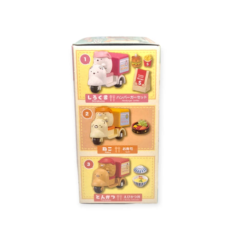 Introducing the Re-Ment Sumikko Gurashi Food Delivery Blind Box, where you'll find enchanting toy animal models from the beloved series. A bear tows a burger, a cat ferries sushi, and a capybara delivers sweets—transforming your experience into a whimsical culinary adventure right in your hands!