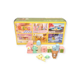 The Rilakkuma Words Blind Box by Re-Ment is a collectible toy set that includes plastic figures and the word "friends" in vibrant letters. The blind box packaging is adorned with photos labeled: relax, friends, vacation, happy, grow, and sleep. Ideal for Rilakkuma fans who enjoy surprises!