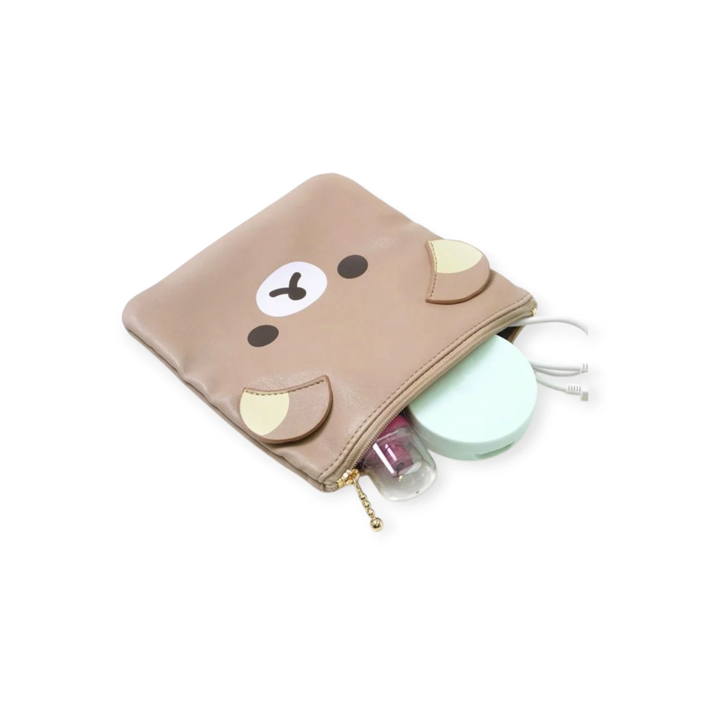 The Rilakkuma Flat Pouch - 15cm by Rilakkuma, with its adorable bear face design, offers a spacious interior to display small items like a mint-colored compact and a bottle. Its secure zip closure keeps your essentials safe and organized.