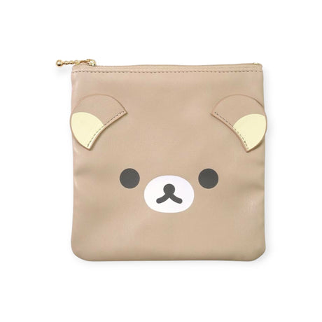 The Rilakkuma Flat Pouch - 15cm, by Rilakkuma, features an adorable bear face design with ears, a secure zip closure, and an attached small chain. Spacious and versatile, it's ideal for organizing essentials stylishly.