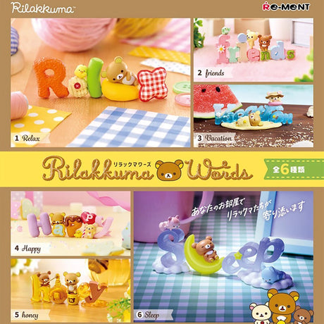 Explore the enchanting Rilakkuma Words Blind Box by Re-Ment, which presents six delightful scenes: Relax, Friends, Vacation, Happy, Honey, and Sleep. Each scene highlights charming bear figures and letter arrangements set against vibrant backgrounds. Ideal for blind box collectors or fans of adorable collectibles.