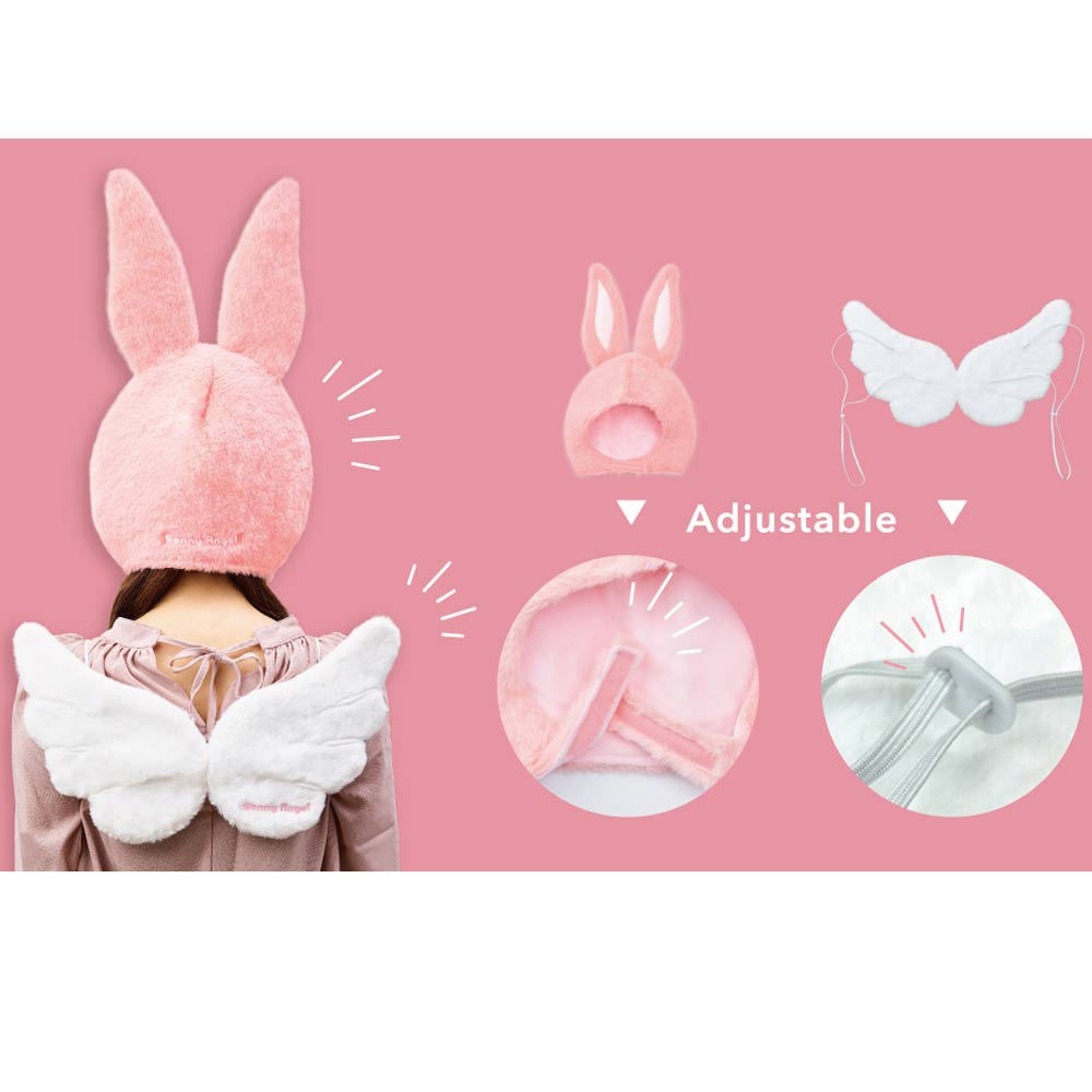 A person wears a pink bunny hat and white angel wings from the Sonny Angel Animal Costume - Series 2 by Sonny Angel, set against a pink background. Close-up insets highlight the adjustable features of this charming outfit, perfectly capturing the playful essence of the series.
