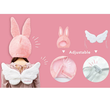 A person wears a pink bunny hat and white angel wings from the Sonny Angel Animal Costume - Series 2 by Sonny Angel, set against a pink background. Close-up insets highlight the adjustable features of this charming outfit, perfectly capturing the playful essence of the series.