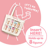 Check out the charming **Sonny Angel Crew Bag - Shopping Tote** by **Sonny Angel**, showcasing eight miniature doll pockets. The text on the bag reads "Insert HERE! Holds up to 8 figures" and "Let's go together!" It's an ideal addition for your Sonny Angel collection!