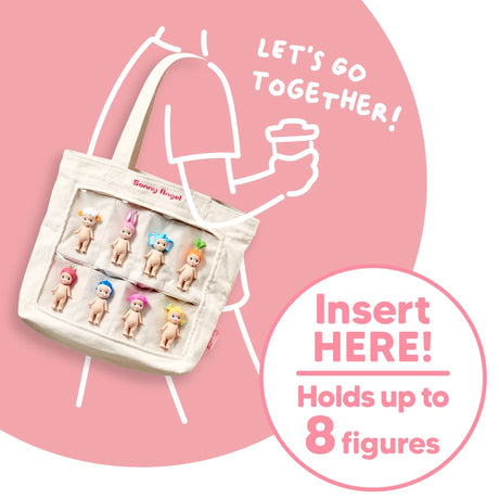 Check out the charming **Sonny Angel Crew Bag - Shopping Tote** by **Sonny Angel**, showcasing eight miniature doll pockets. The text on the bag reads "Insert HERE! Holds up to 8 figures" and "Let's go together!" It's an ideal addition for your Sonny Angel collection!