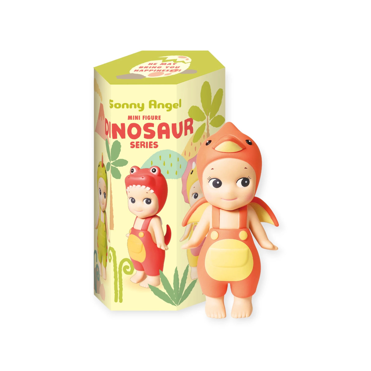 Dressed in a charming red dinosaur costume, the Sonny Angel mini figure from the limited edition Sonny Angel Dinosaur Series stands proudly next to its packaging. Ideal for fans and collectors of these prehistoric pals!