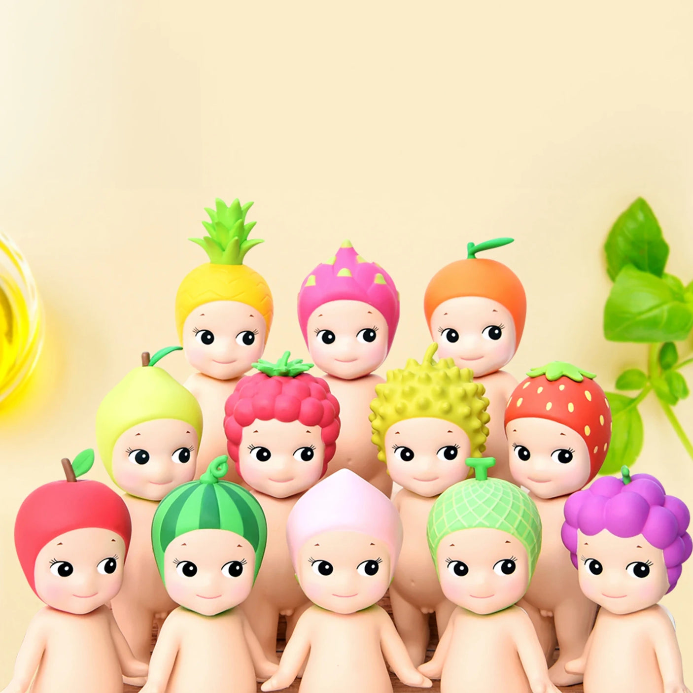 The Sonny Angel Fruit Series Blind Box by Sonny Angel features an enchanting lineup of figurines adorned with fruit-themed hats, perfectly capturing the allure of a mystery box.