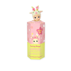 Sonny Angel Hippers Blind Box - Cherry Blossom figure with floral antlers peeking from a pink and yellow hexagonal box packaging.
