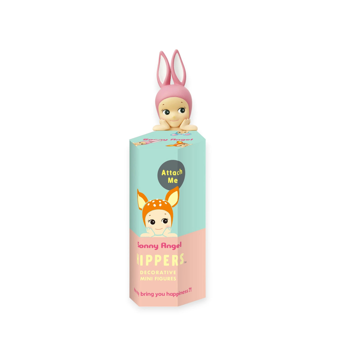 Box featuring a small figurine of a baby with pink bunny ears from the Animal Series. The packaging, marked as "Sonny Angel Hippers Blind Box - Animals," includes reusable adhesive for convenient placement and repositioning.